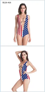 Detail view of American flag swimsuit featuring lace-up front and starry stripes pattern
