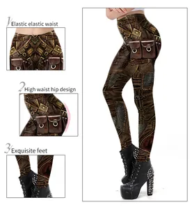 Détails du legging punk à taille haute avec imprimé ceinture 3D et texture métallique