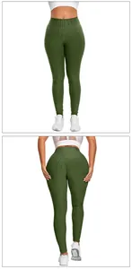 Detail view of olive green leggings featuring high waist and honeycomb textured fabric