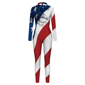 Slim fit long sleeve patriotic jumpsuit with American flag stars stripes and eagle print