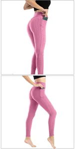 Dettaglio macro dei leggings da yoga rosa a nido d'ape con pratica tasca laterale