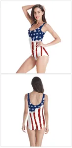 Front and back view of USA flag one-piece swimsuit with stars and stripes vintage design