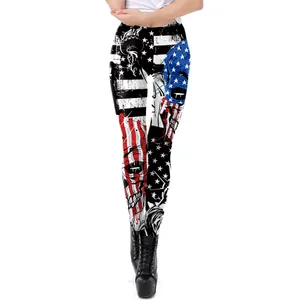 Leggings de cintura alta para mujer con estampado de bandera de EE. UU. y calavera punk