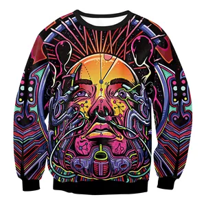 3D-Totenkopf-Digitaldruck-Sweatshirt mit lebhaftem Cyberpunk-Design und schwarzem Saum