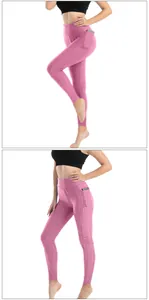 Dettaglio dei pantaloni yoga rosa a vita alta a nido d'ape con tasca laterale per cellulare