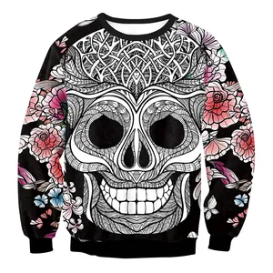 Sweatshirt mit 3D-Totenkopf-Digitaldruck, rosa Rosen und Schmetterlingen in Schwarz