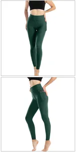 Dettaglio dei leggings da yoga verde scuro con trama a nido d'ape e tasca laterale