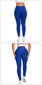 Detail of high waist royal blue honeycomb yoga pants showing texture and push-up effect