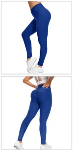 Detail of blue high-waisted leggings featuring honeycomb texture and scrunch butt lifting design