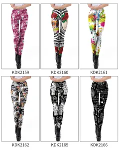 Collage of high-waisted leggings with unique 3D prints like skulls and pugs