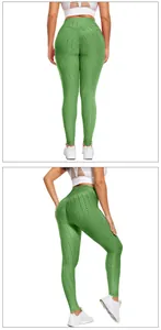 Detail of high waisted green yoga pants with honeycomb texture and push-up effect