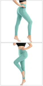 Dettaglio dei leggings yoga a vita alta con trama a nido d'ape e tasca laterale verde menta