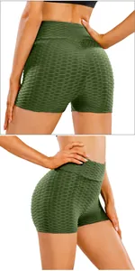 Detail of army green honeycomb texture fabric and high waist yoga shorts stitching