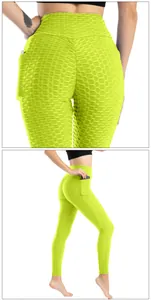 Dettaglio dei leggings da yoga a vita alta verde lime con trama a nido d'ape e tasca laterale