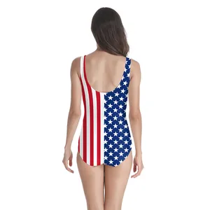 Back view of a one-piece swimsuit featuring USA flag stars and stripes with U-shaped back