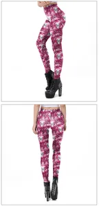 Detail view of pink skull 3D print leggings with high waist and gothic styling