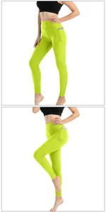 Dettaglio macro dei pantaloni da yoga a nido d'ape con tasca laterale per lo smartphone