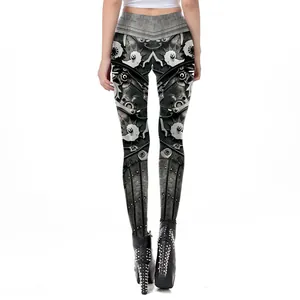 Vue arrière du legging steampunk avec taille haute et détails imprimés d'engrenages 3D