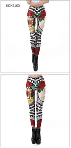 Detail view of high elastic leggings featuring Day of the Dead skulls and red roses print
