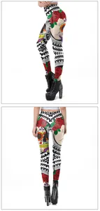 Detail of high-waisted 3D printed leggings with sugar skulls and red roses motif