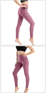 Dettagli dei leggings yoga a vita alta con trama a nido d'ape e tasche laterali rosa polvere