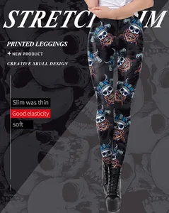 Close-up of creative skull print on black high-stretch slim leggings for women