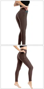 Pantaloni yoga marroni a nido d'ape con tasche laterali per cellulare ed effetto push-up
