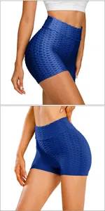 Detail of high waist honeycomb yoga shorts in navy blue with butt-lifting texture