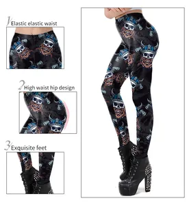 Detail of high waist elastic band and skull printed pattern on stretch leggings