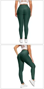 Close-up of dark green yoga leggings featuring honeycomb texture and scrunch butt detail