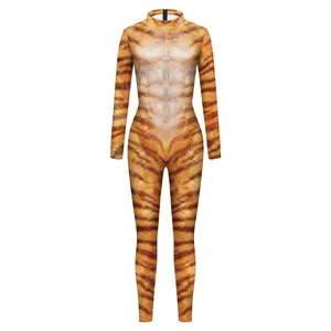 Men's and women's tiger print bodysuit with muscle pattern for Halloween cosplay