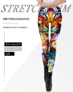Detail of artistic 3D tiger print on high-elasticity, soft slim-fit leggings