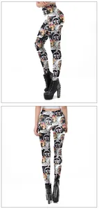 Close-up of 3D French Bulldog astronaut print on white elastic leggings with boots
