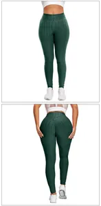 Front and back view of dark green high waist yoga leggings with honeycomb texture and scrunch butt