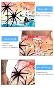 Detail showing tropical sunset print on beach shorts with drawstring elastic waist