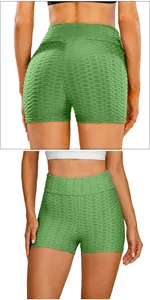Macro shot of green honeycomb yoga shorts with high waist texture for butt lifting