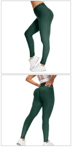 Detailed honeycomb texture and push-up seam on dark green high waisted yoga leggings