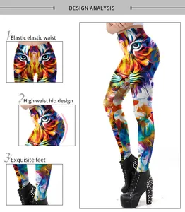 Detail view of 3D tiger print leggings showing high waist and push up lifting effect