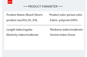Size chart for 100% polyester beach shorts showing sizes M to XXL and loose fit features