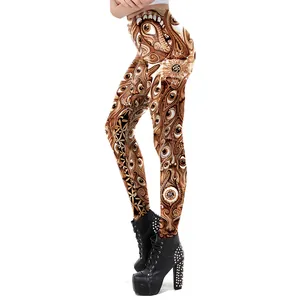 Detail of high-stretch leggings with surreal 3D eye and mouth digital print patterns