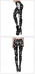 Detailed view of women occult leggings with 3D printed skull and celestial moon patterns