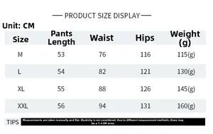 Detailed size chart for men's board shorts showing length, waist, and hip measurements