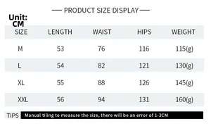 Detailed size chart for men's swim shorts with waist, hip and length in CM for M to XXL