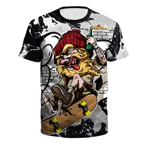 Détail de l'imprimé intégral sur t-shirt en polyester avec art urbain et graphismes de skate