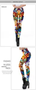Detailed views of 3D digital tiger print stretch leggings with vibrant color patterns