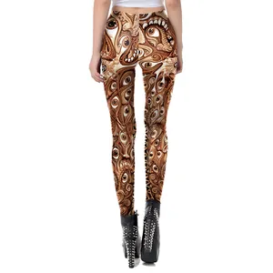 Rear view of high-elasticity leggings featuring surrealist eye prints and spiral patterns
