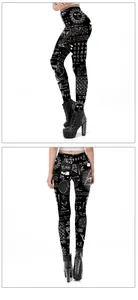 Detail of occult 3D print on black leggings featuring sun moon and astrology symbols