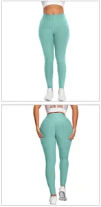 Macro detail of high waist yoga leggings with mint green honeycomb textured fabric
