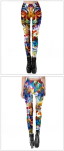 Detail of 3D tiger print on high-waist stretchy leggings with artistic patterns