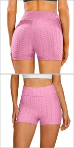 Front and back view of pink scrunch butt yoga shorts with honeycomb texture fabric